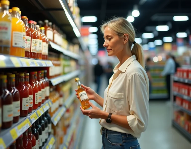Femme achetant de l'alcool à 90 degrés pour fruits dans le rayon d'un supermarché Leclerc