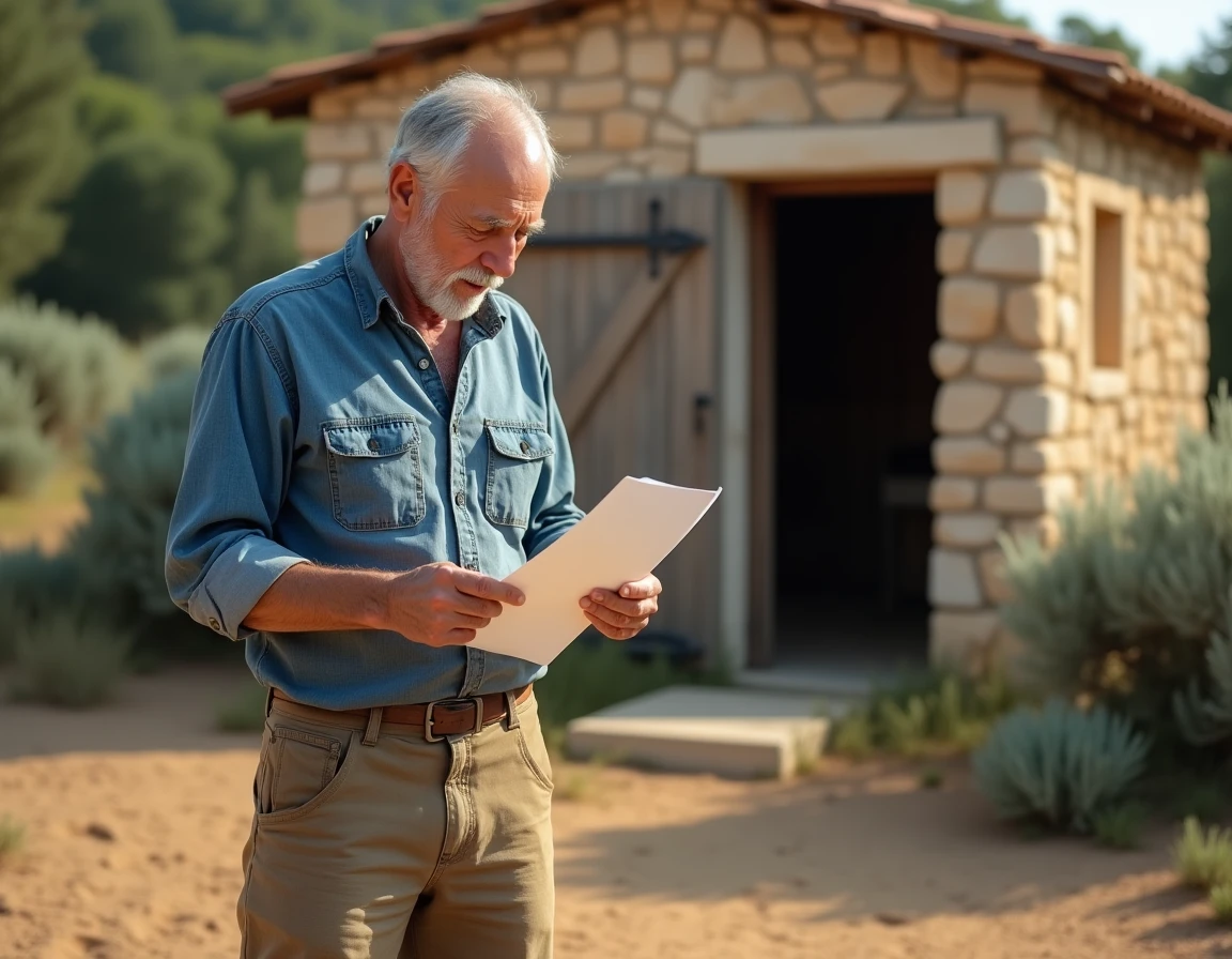 Agriculteur examinant un document foncier devant un cabanon en pierre sur un terrain agricole en Provence