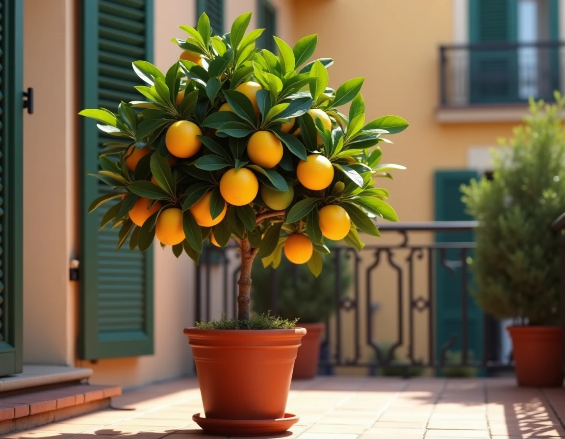 Un agrume sur tige en pot chargé de citrons sur un balcon méditerranéen urbain
