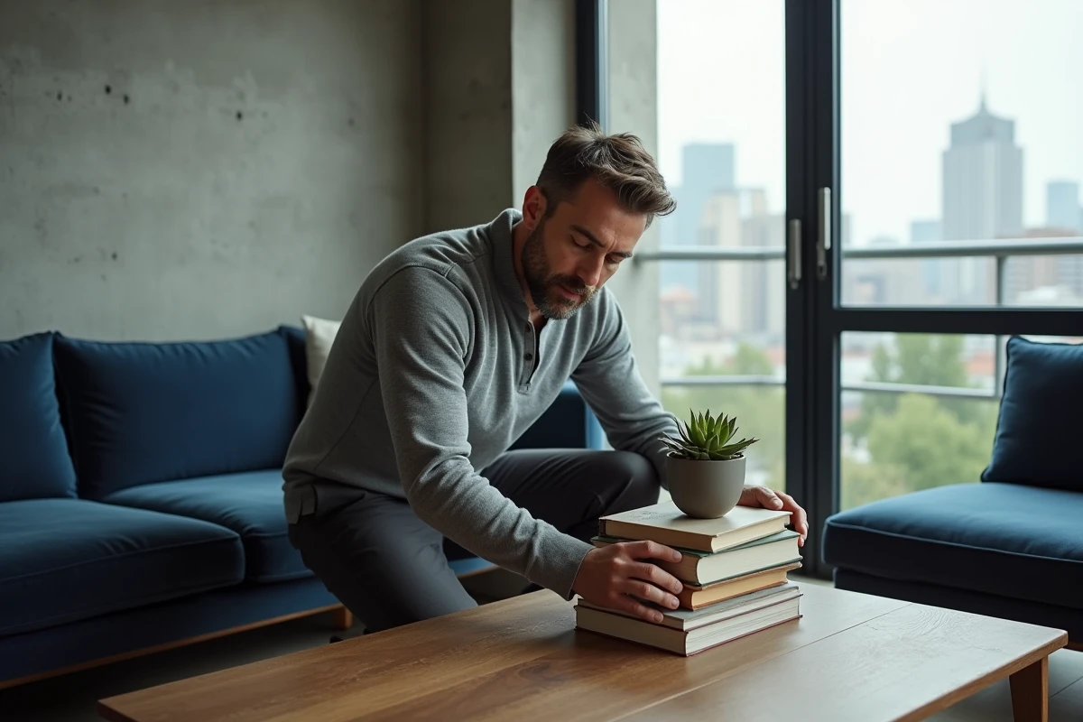 Homme aménageant une table basse en style mid-century dans un appartement urbain aux murs en béton et canapé bleu marine