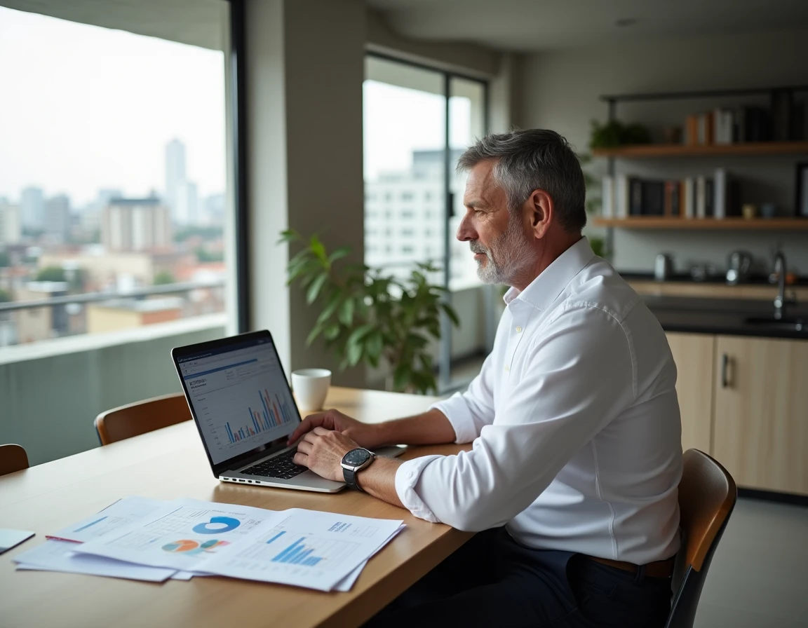 Homme analysant des données financières et des graphiques de rendement immobilier sur ordinateur portable à domicile