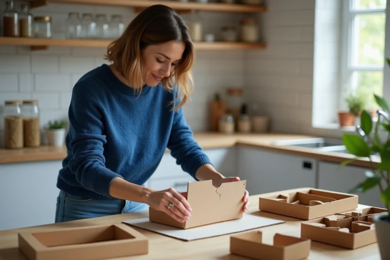 Femme en sweater bleu assemble des diviseurs en carton pour verres