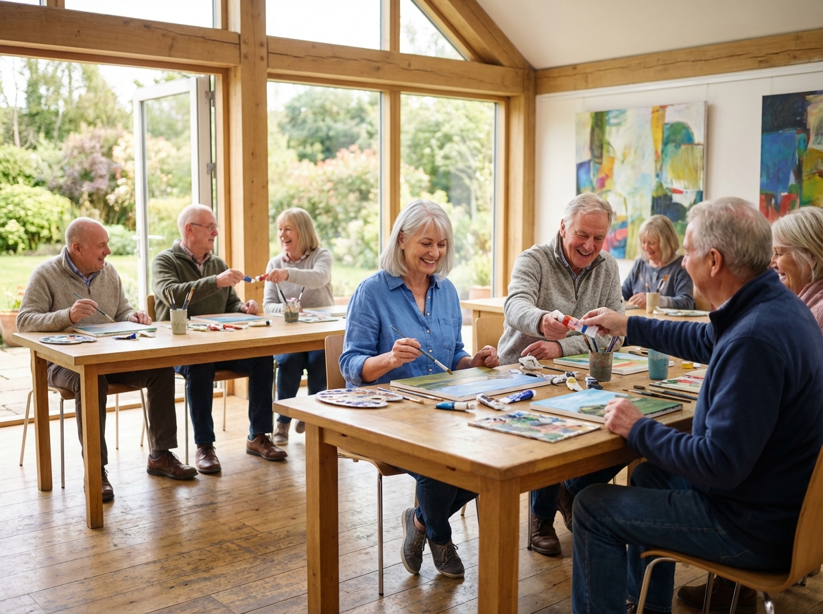 Groupe de seniors en atelier de peinture dans une salle lumineuse