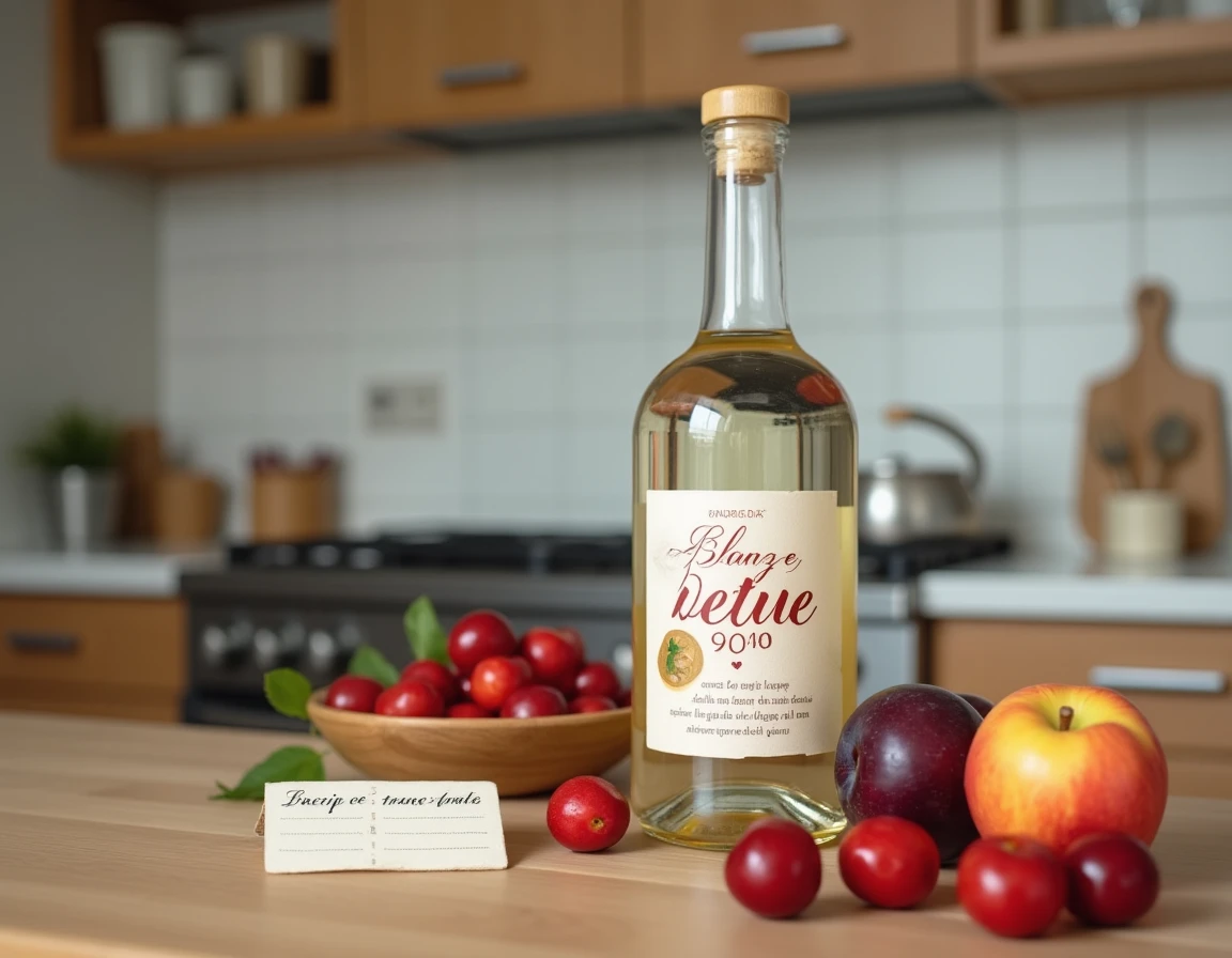 Bouteille d'alcool à 90 degrés pour fruits posée sur un comptoir de cuisine avec des fruits frais