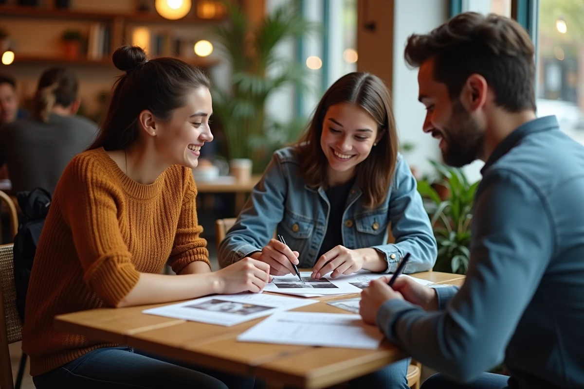 Un couple remet un brief photo détaillé à leur photographe de mariage autour d'une table de café avec des références imprimées