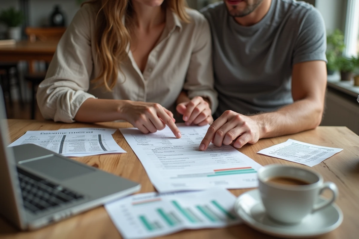 Un couple examine ensemble un budget de mariage écrit à la main, avec des devis de prestataires posés sur la table