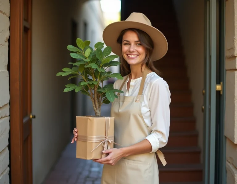 Une femme reçoit un jeune arbre en pot emballé comme cadeau de crémaillère à l'entrée de son appartement
