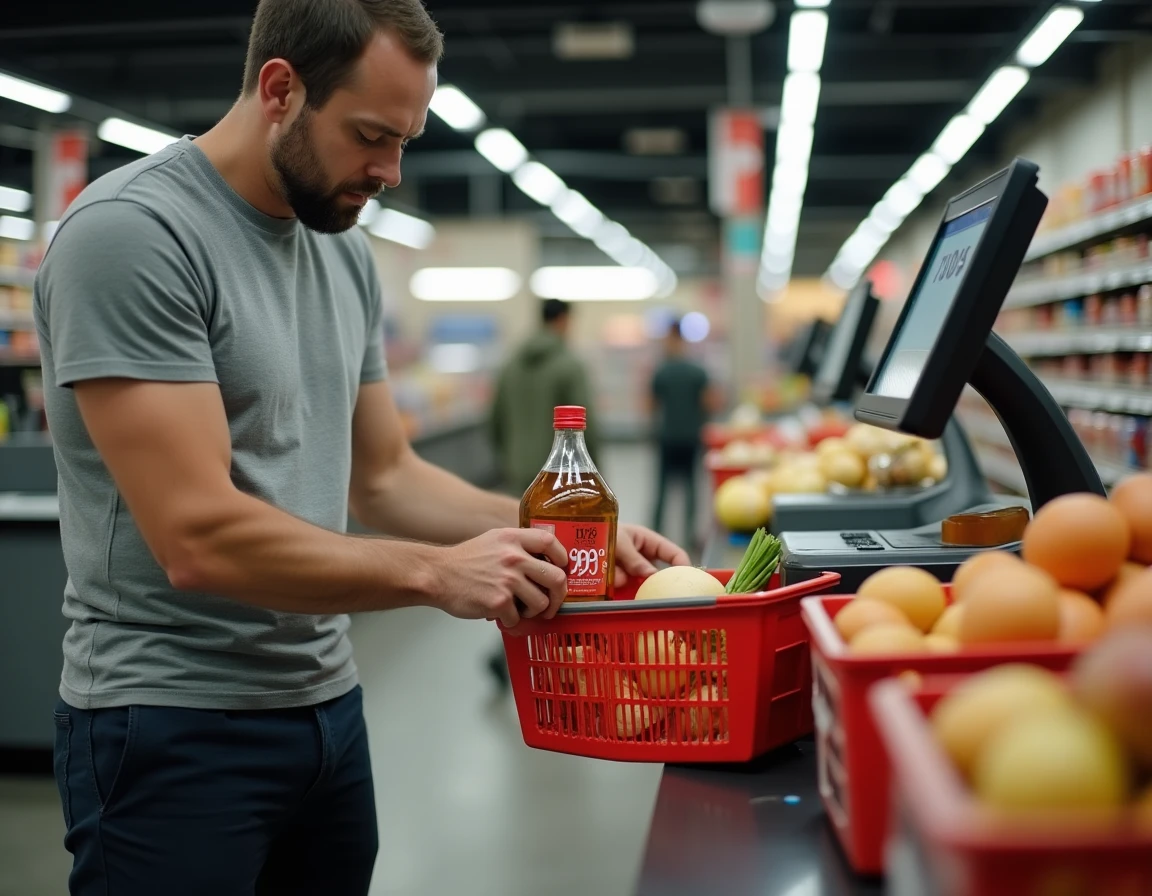 Homme passant en caisse avec une bouteille d'alcool à 90 degrés pour fruits dans un Leclerc