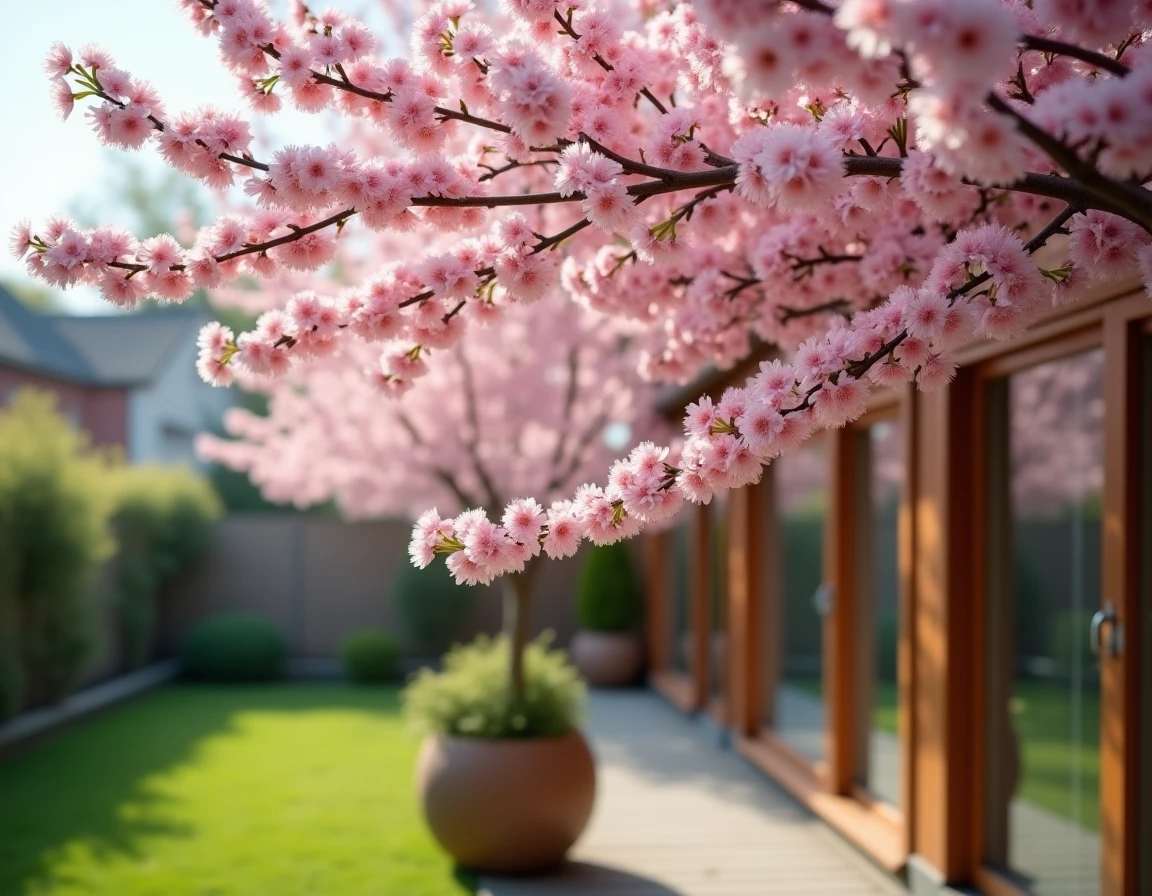 Un cerisier à fleurs en pleine floraison rose dans un bac en bois dans un jardin au printemps