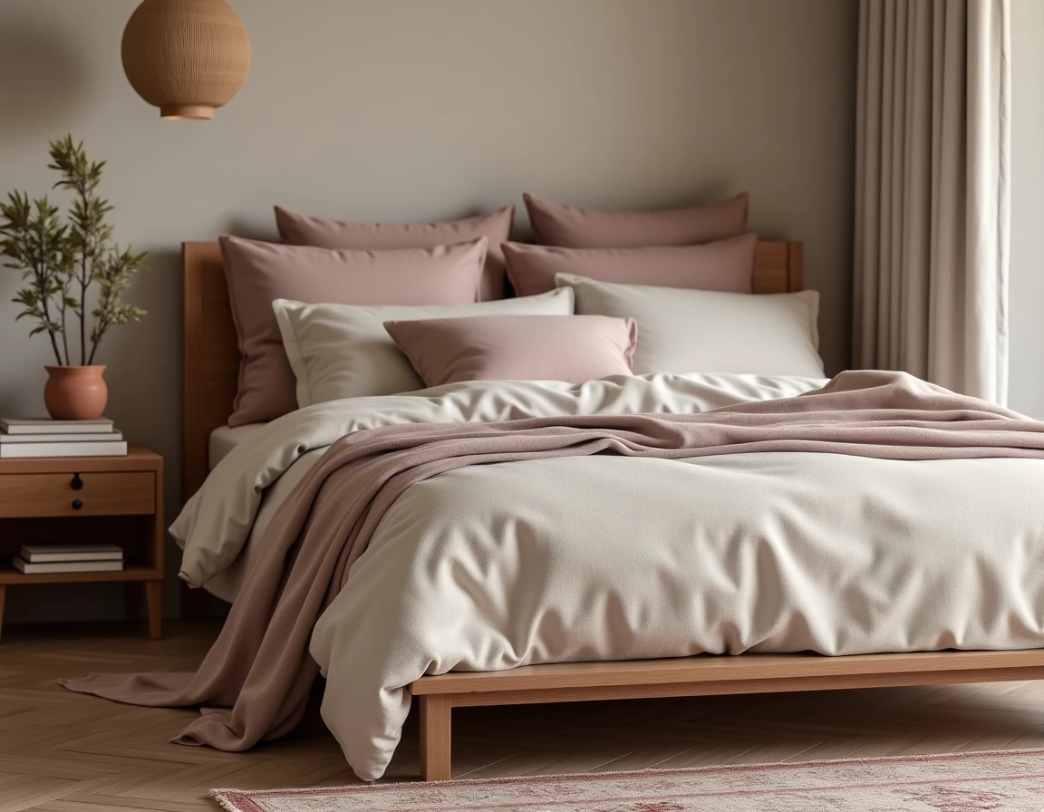 Chambre cocooning avec tête de lit en lin, literie en bouclé et mur en badigeon chaleureux