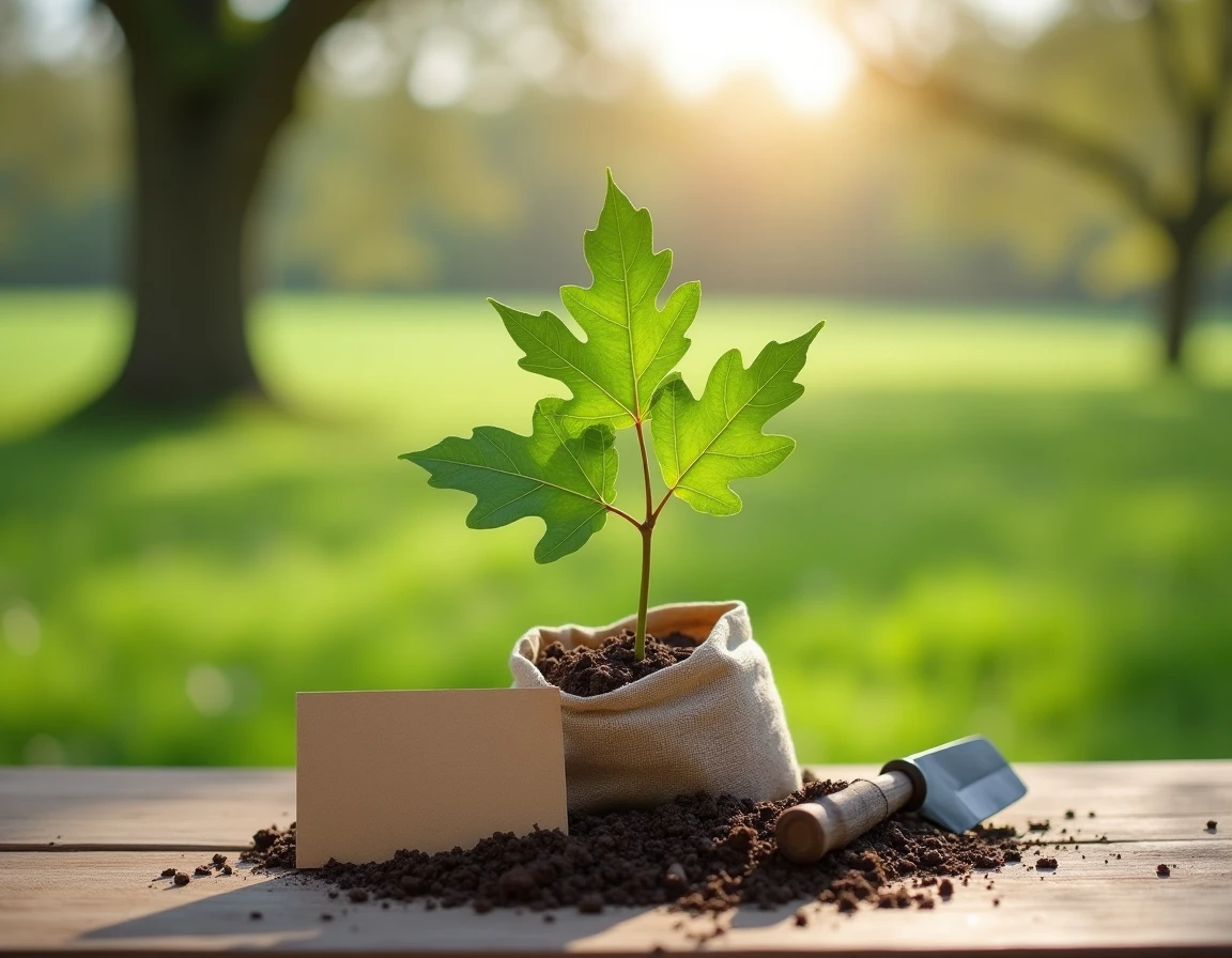 Un jeune plant de chêne en sachet biodégradable présenté sur une table de jardin comme cadeau