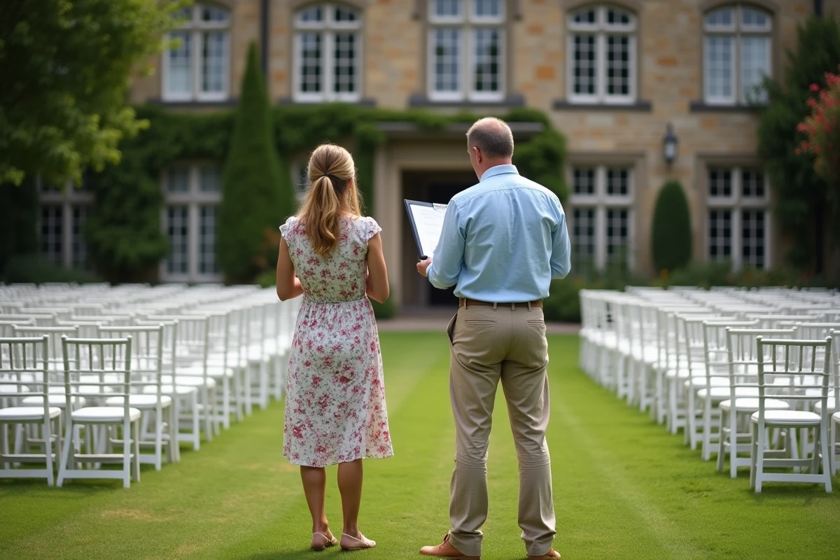 Un couple visite un lieu de réception en plein air avec une coordinatrice, évaluant la capacité d'accueil pour leurs invités