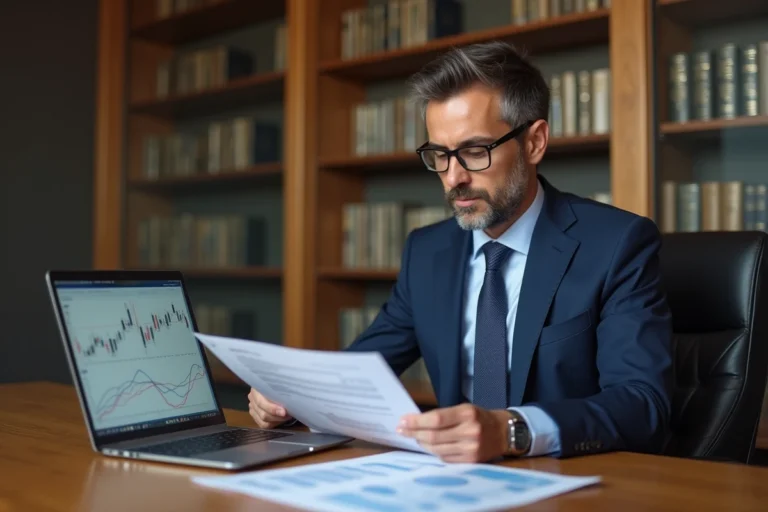 Conseiller financier professionnel en costume marine examinant des documents réglementaires dans un bureau corporate