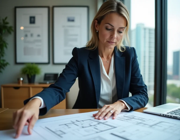 Conseillère en investissement immobilier analysant des plans et documents dans un bureau professionnel moderne