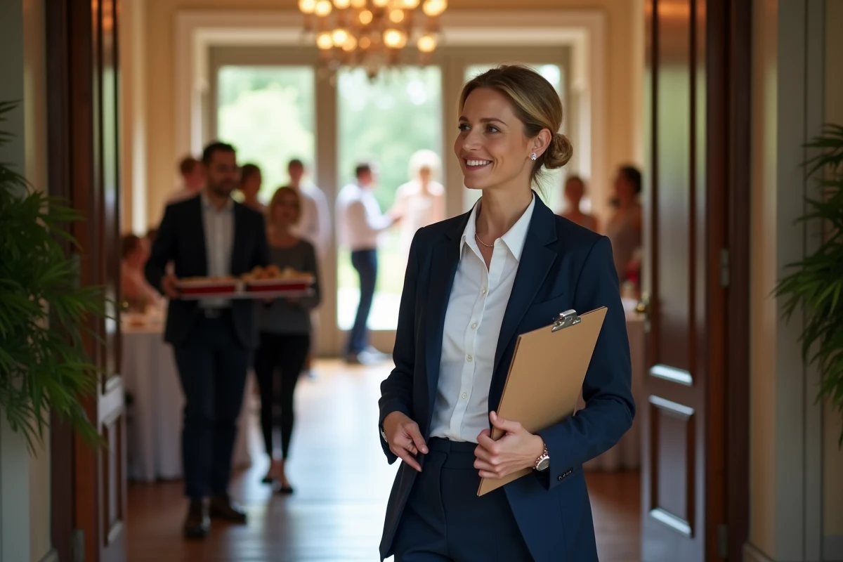 Une coordinatrice de mariage dirige les prestataires à l'entrée de la salle le jour J, avec un clipboard à la main