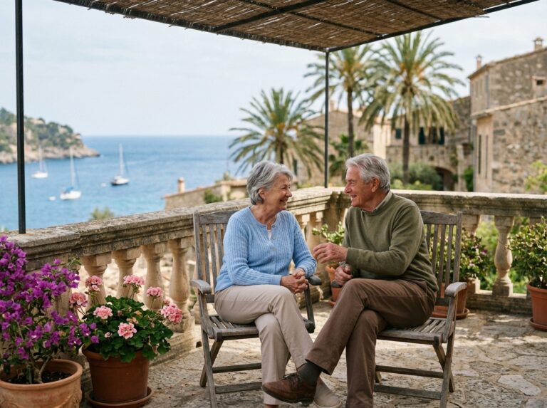 Couple de seniors souriants sur une terrasse méditerranéenne