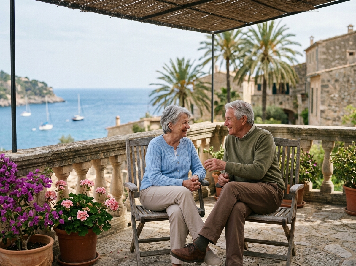 Couple de seniors souriants sur une terrasse méditerranéenne