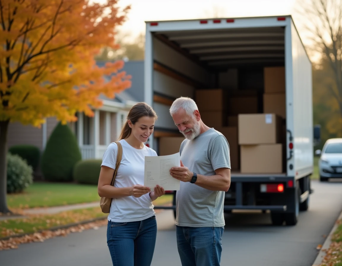 Couple consultant une liste de déménagement devant un camion de location de 16 m3