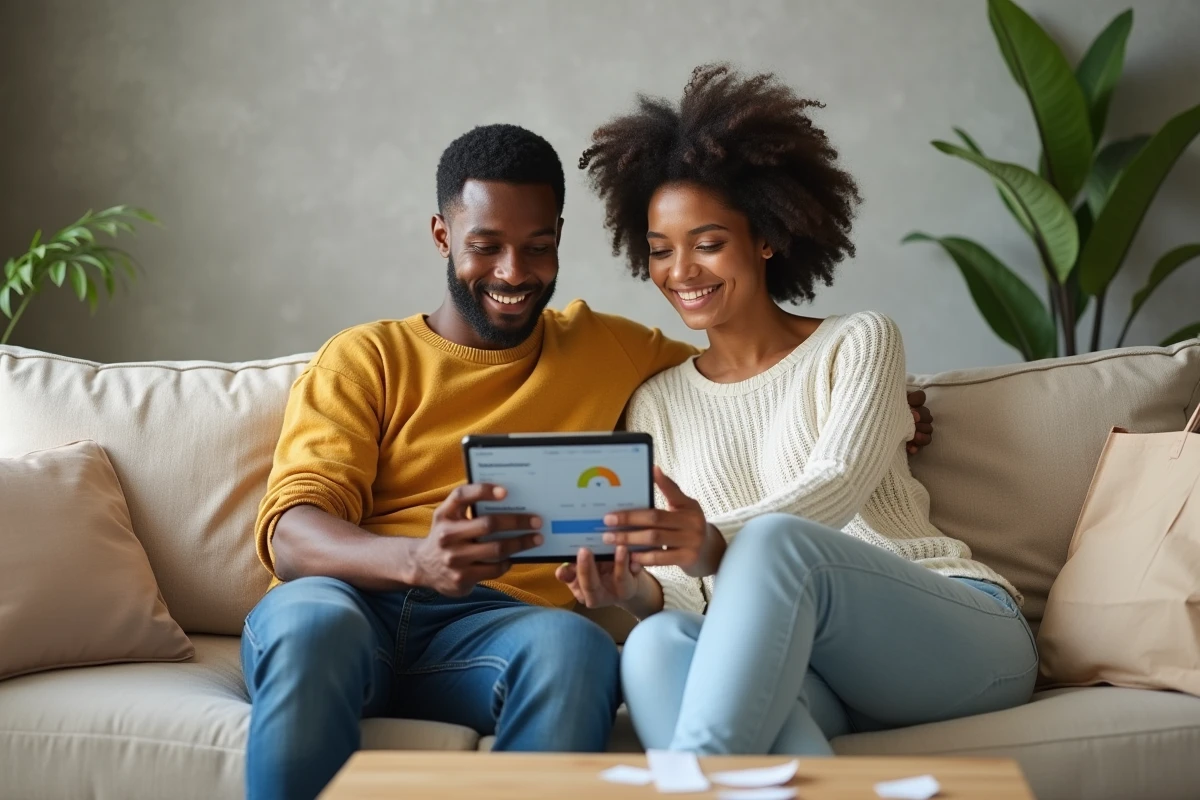 Couple planifiant ensemble leur budget mensuel sur une tablette dans un salon moderne avec des reçus de courses sur la table basse