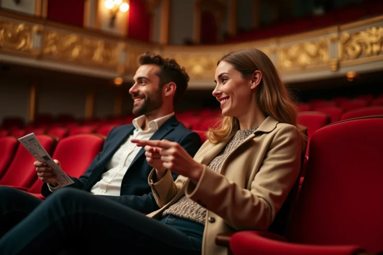 Jeune couple assis dans un théâtre élégant regardant leurs billets
