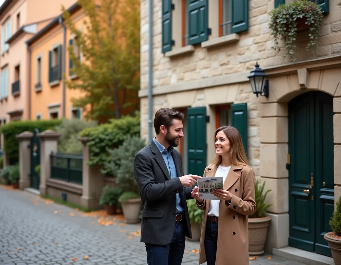 Couple visitant une maison de ville rénovée dans un quartier résidentiel pour un investissement immobilier