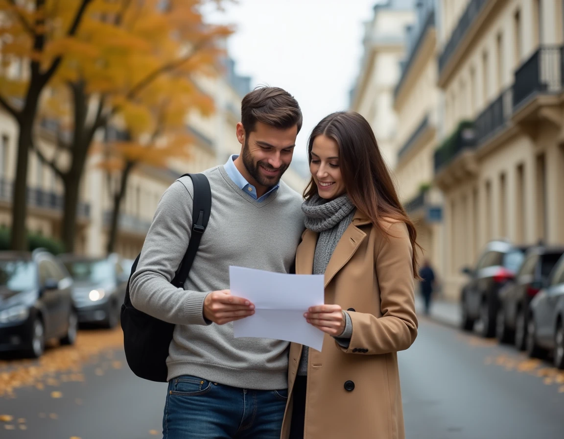Couple en visite immobilière devant un immeuble haussmannien à Paris en automne