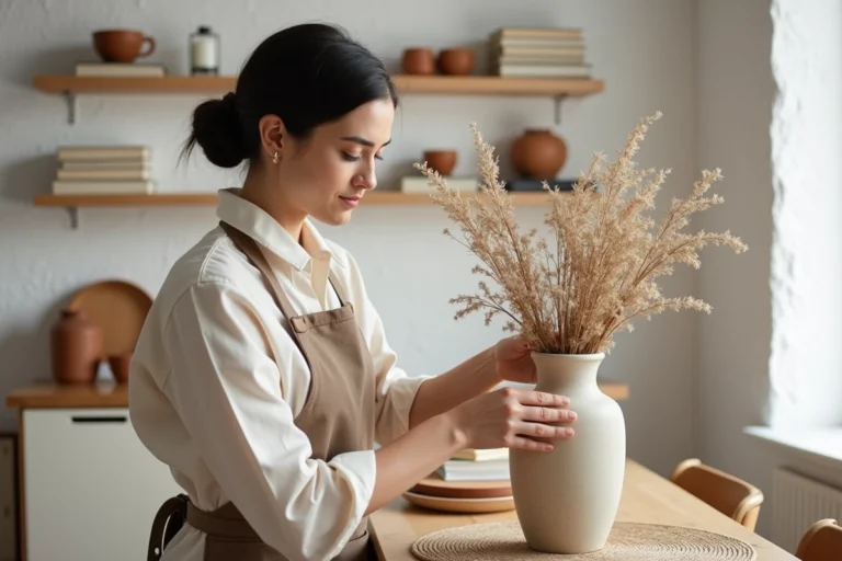 Femme arrangeant des tiges botaniques séchées dans un vase en céramique dans un salon scandinave épuré et stylé