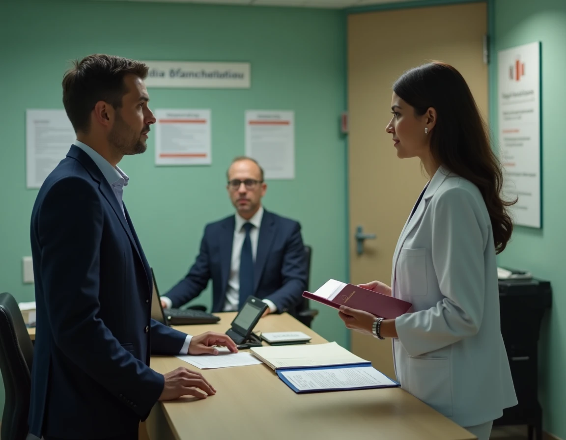 Praticien étranger présentant ses documents d'accréditation à un agent administratif pour vérification du numéro Adeli en France