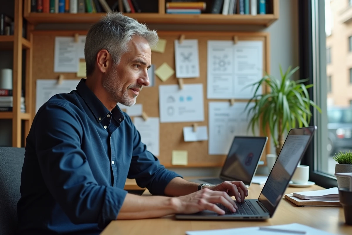 Développeur indépendant travaillant sur le code d'un site web dans un bureau à domicile organisé avec des croquis de wireframes