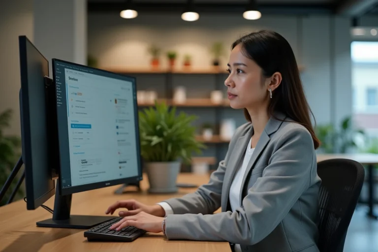 Développeuse web professionnelle analysant la mise en page d'un site web sur un grand écran dans un bureau moderne