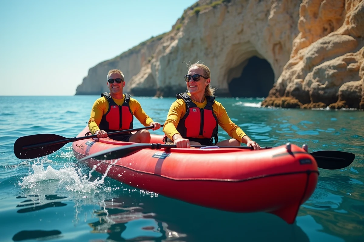 Deux adultes pagayant un kayak gonflable tandem rouge le long de falaises côtières sur une mer ouverte