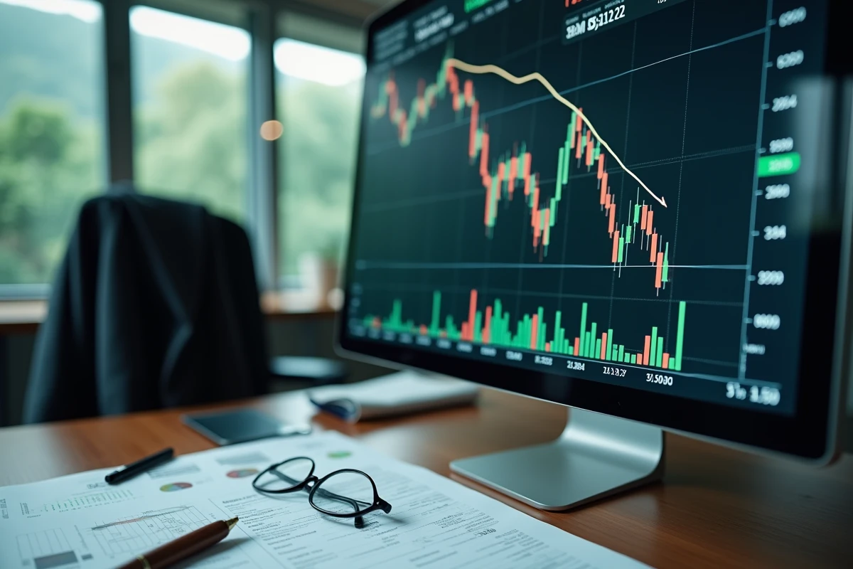 Écran de trading affichant une courbe boursière en forte baisse avec des rapports financiers imprimés sur un bureau d'investisseur