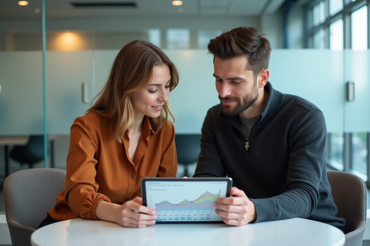 Deux collègues en agence web discutant des performances d'un site web sur une tablette avec des graphiques analytiques