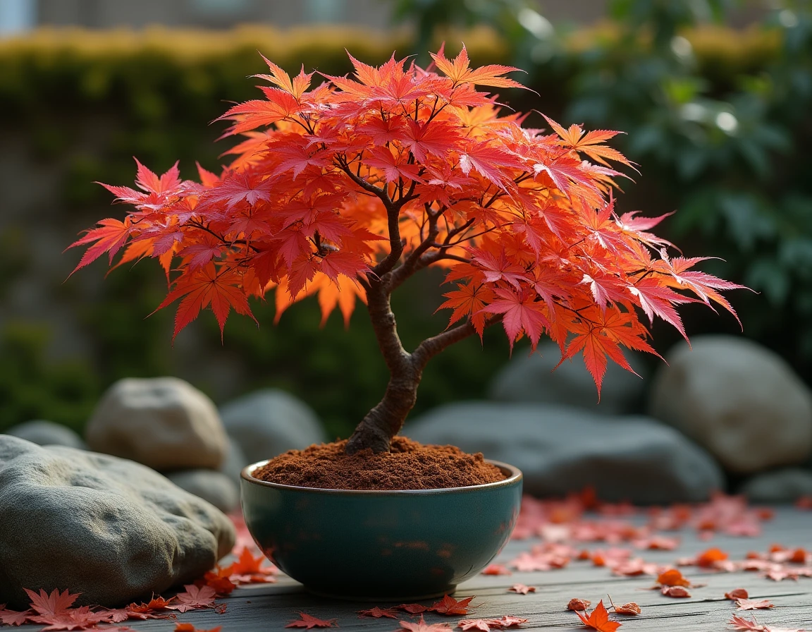 Un érable du Japon compact en pot avec un feuillage aux teintes automnales rouges et orangées