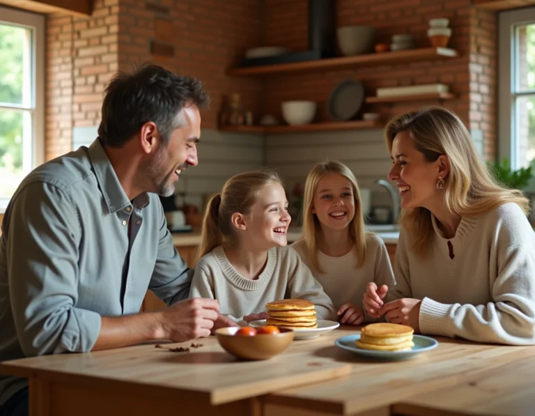 Famille heureuse préparant des crêpes ensemble dans une cuisine chaleureuse, illustrant les moments partagés au quotidien