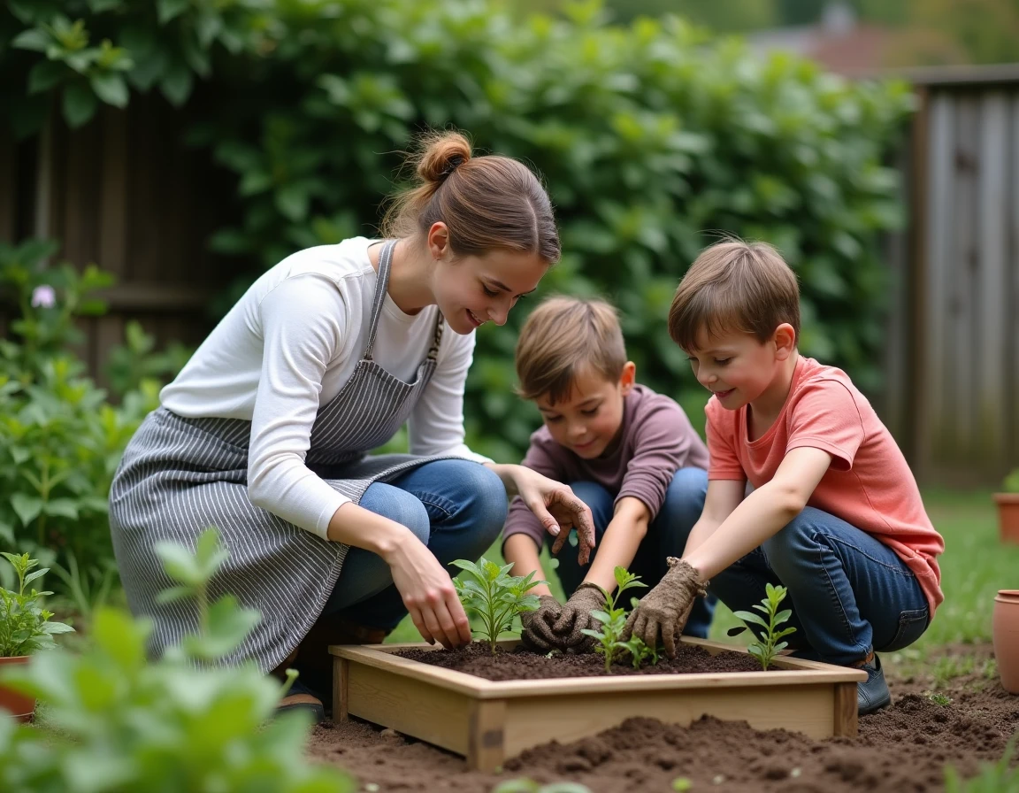 Mère et enfants jardinant ensemble dans un potager familial par beau temps