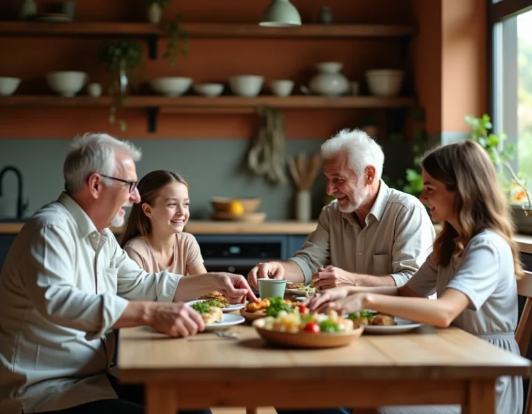 Famille réunie autour d'un repas fait maison dans une cuisine chaleureuse au décor rustique