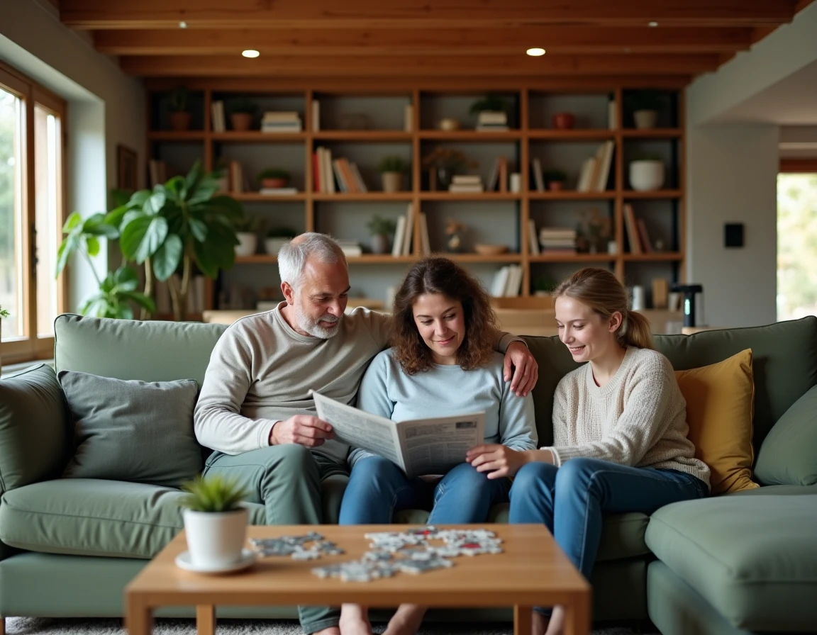 Famille détendue dans un salon cosy un matin de week-end avec livres et jeux de société