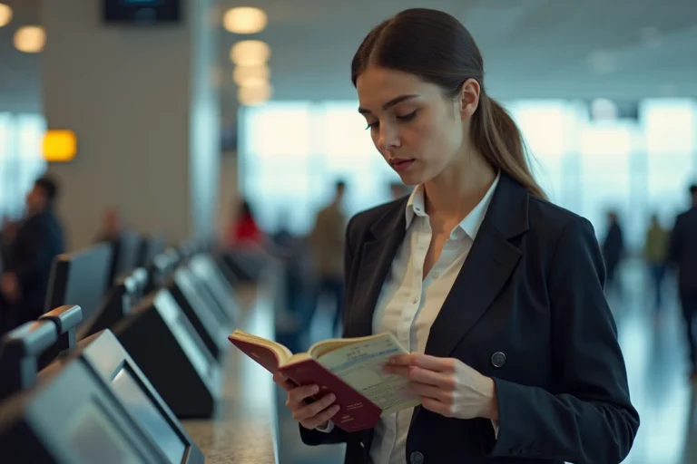 Jeune femme vérifiant son passeport à l'aéroport