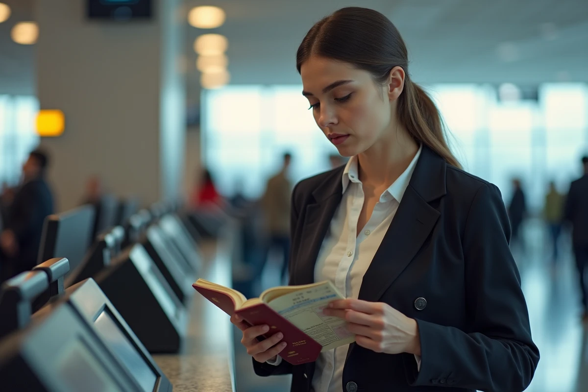 Jeune femme vérifiant son passeport à l'aéroport