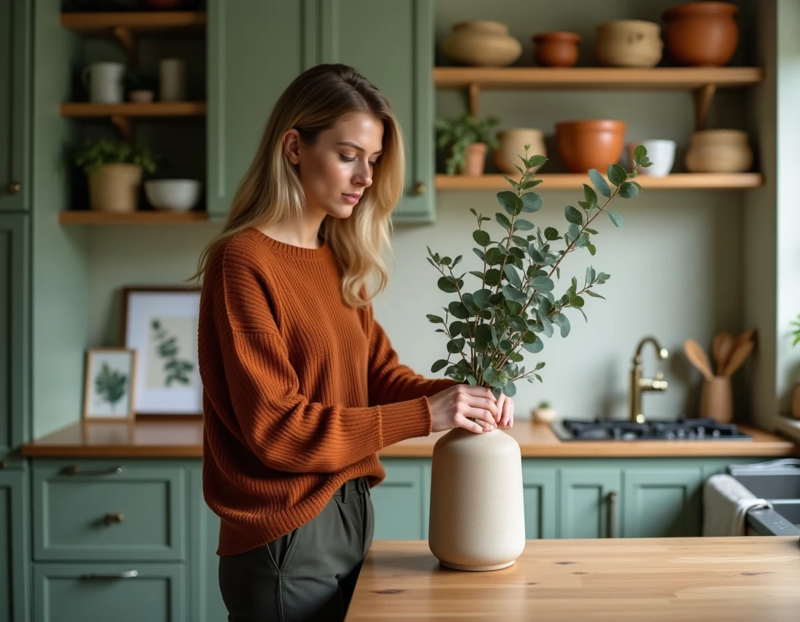 Femme arrangeant des fleurs séchées dans une cuisine moderne aux tons verts et naturels