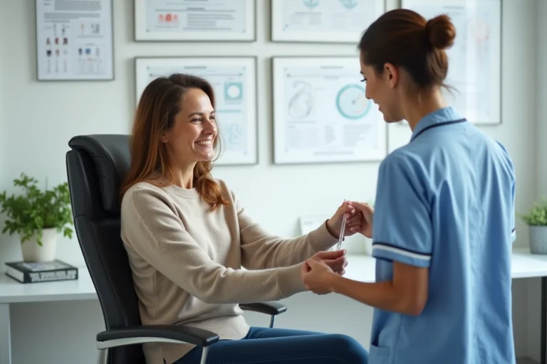 Femme en examen médical avec infirmière en cabinet