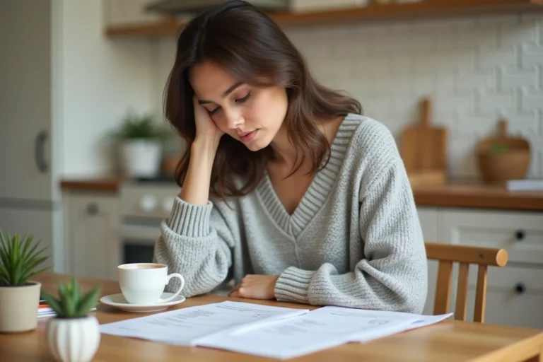 Femme gérant son budget personnel avec des relevés bancaires et des notes manuscrites sur une table en bois dans une cuisine moderne