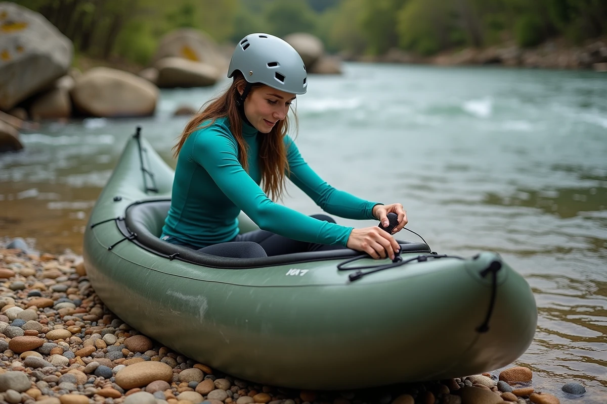 Femme gonflant un kayak gonflable vert sur une rive de galets au bord d'une rivière