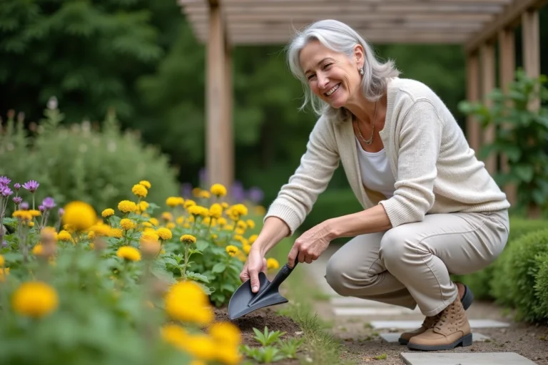 Femme souriante dans un jardin fleuri avec un transat