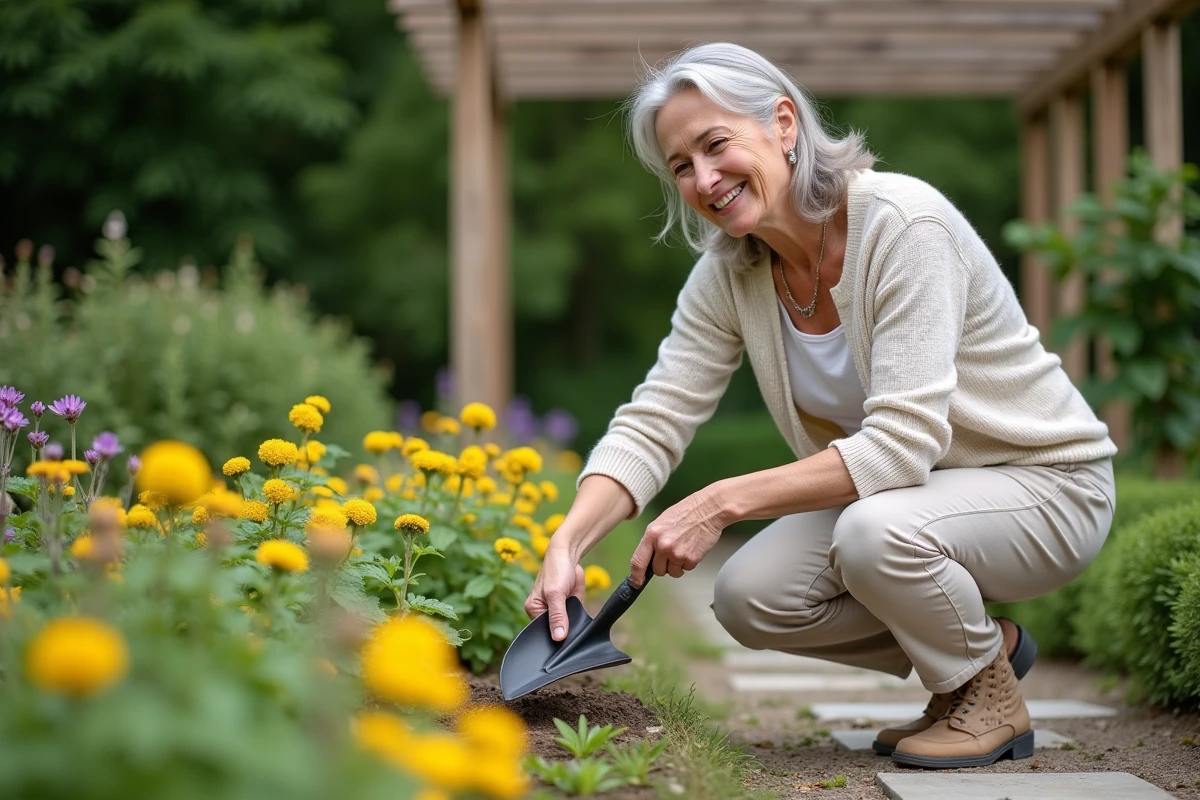 Femme souriante dans un jardin fleuri avec un transat