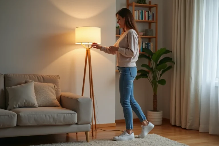 Femme ajustant une lampe halogen dans un salon moderne