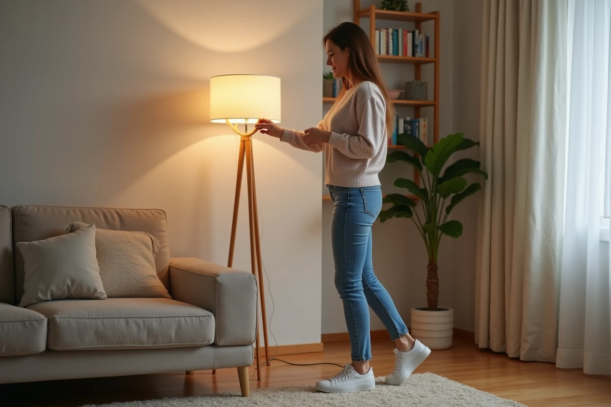 Femme ajustant une lampe halogen dans un salon moderne