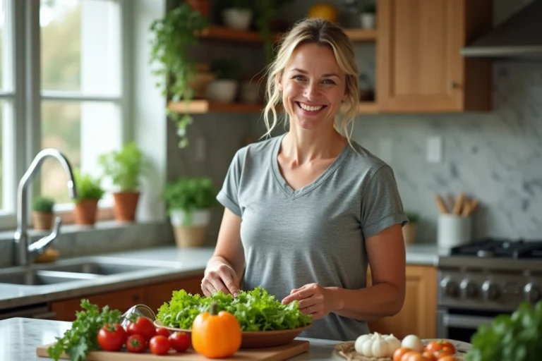 Femme souriante préparant une salade fraîche dans la cuisine