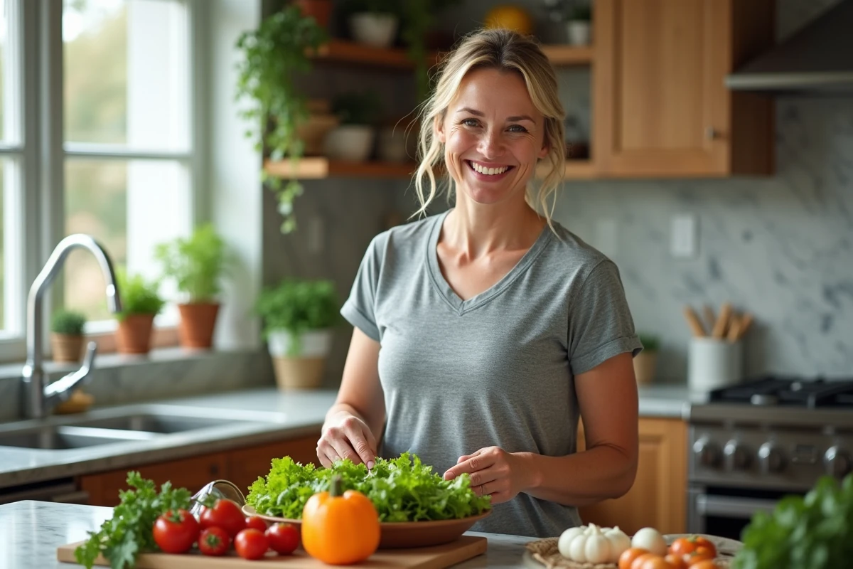 Femme souriante préparant une salade fraîche dans la cuisine